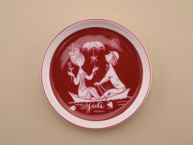 Untersetzer Sammelteller Juli rot Raymond Peynet 50er Jahre Grafik Design Illustration für Rosenthal vintage Porzellan