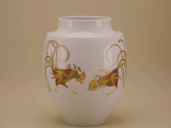 Porzellan Vase vintage mit Hahnenkampf Gold Dekor design Sundermann Möller für Fürstenberg
