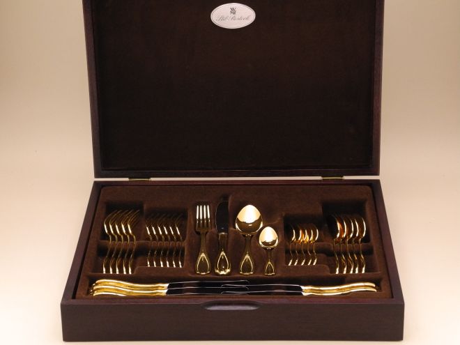 WMF Englische Rose vergoldet 24ct Gold Komplettbesteck 6 Personen inkl. Etui Mahagony