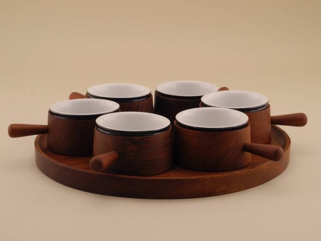 Vintage Teak Teakholz Schalenset mit Porzellanschälchen Bauscher Weiden