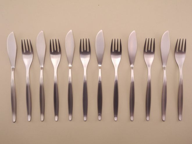 Komplettes Fischbesteck 6 Personen in Cromargan aus der Serie Stockholm von WMF