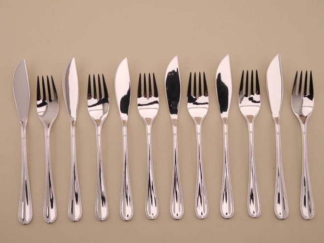Fischbesteck 12teilig für 6 Personen vintage alte Serie Coburg Perlmuster Perl Cromargan Edelstahl von WMF Besteck