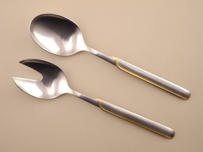 Salatbesteck Salatgabel Cromargan mit Gold Golddekor vergoldet aus der vintage alten Serie Onda WMF Besteck