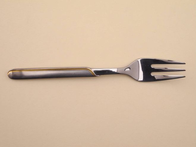 Kuchengabel Cromargan schwarz eloxiert mit Golddekor aus der vintage alten Serie Onda von WMF Besteck