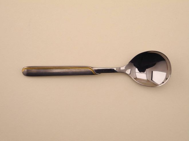 Zuckerlöffel Cromargan schwarz eloxiert mit Golddekor aus der vintage alten Serie Onda von WMF Besteck