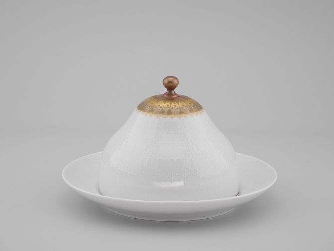 Butterglocke Butterdose rund aus der vintage alten Serie Romanze Quatre Couleurs Gold design Björn Wiinblad für Rosenthal Porzellan