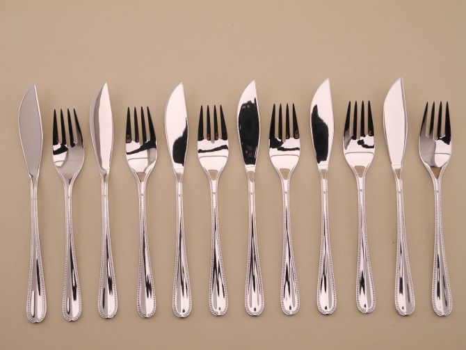 Fischbesteck 12teilig für 6 Personen vintage alte Serie Coburg Perlmuster Perl Cromargan Edelstahl von WMF Besteck